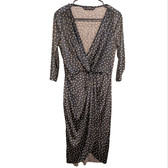 Zara Navy Cream Polka Dot Velvet V-Neck  Faux Wrap Tulip Hem Midi Dress Sz Small - Picture 3 of 7
